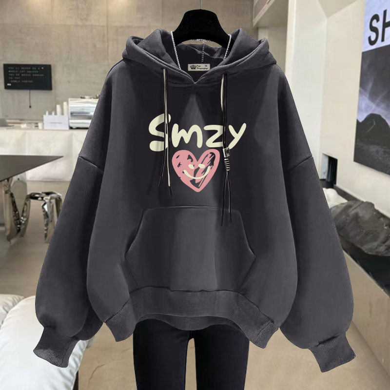 2025春秋冬笑脸爱心字母中长款加绒加厚宽松有口袋连帽卫衣女潮