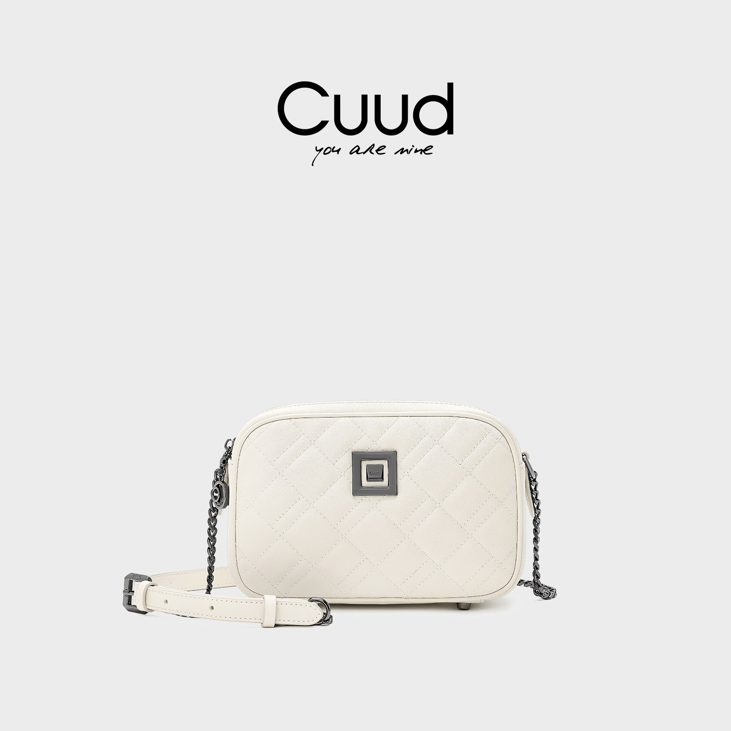 【专柜】Cuud小包包新款潮牛皮女包单肩斜挎包冬季白色菱格链条