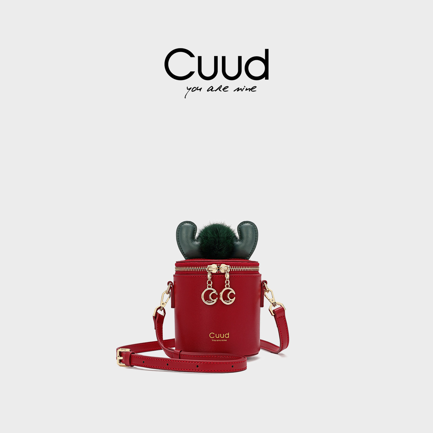 情人节礼物Cuudmini水桶包女2026新款圣诞节红色包包女斜挎真皮小