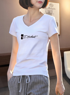 2025夏季新款白色短袖t恤女V领印花韩版洋气体桖修身小衫简约半袖