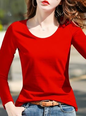 红色圆领打底衫女新款2025秋季内搭纯棉修身长袖t恤洋气百搭上衣