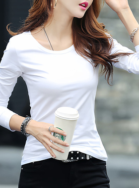 白色t恤女长袖上衣2025春季女装新款圆领修身打底衫内搭纯棉体恤