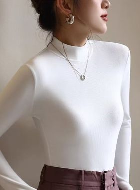 米白色半高领打底衫女内搭2025春秋季新款紧身细纹磨毛长袖上衣女