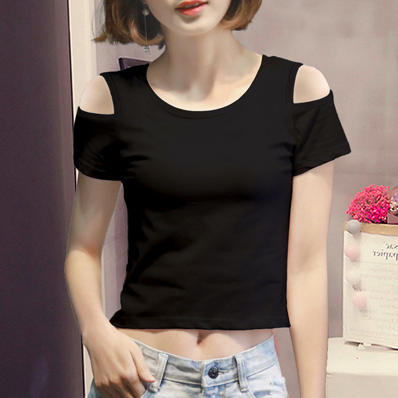 短款t恤女露脐高腰露肩2025新款体桖上衣服修身漏肩紧身夏季纯色