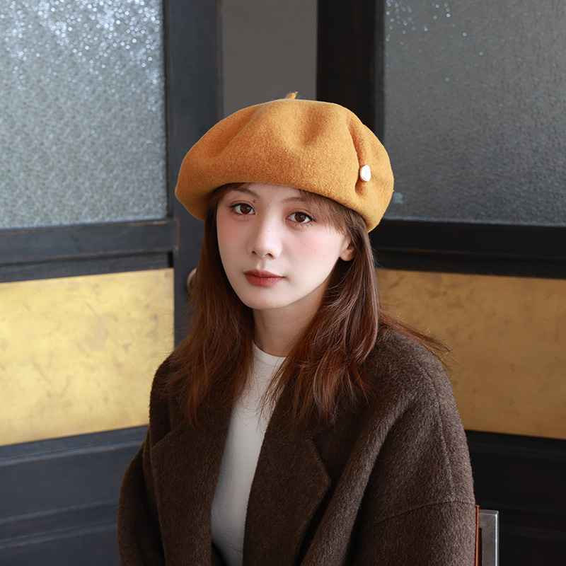 贝雷帽设计款纽扣褶皱显脸小秋冬