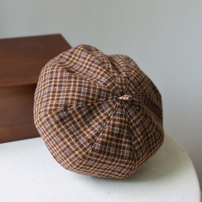 古着感格纹贝雷帽子女小头围 秋季新款日系复古休闲南瓜帽子学生