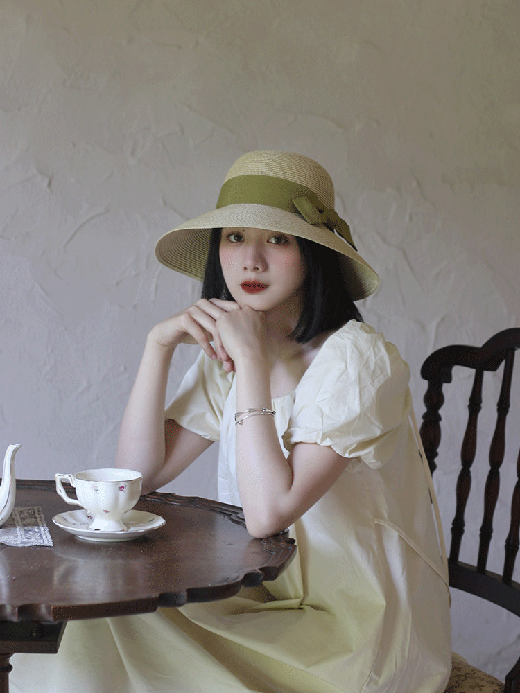 抹茶绿复古圆顶蝴蝶结大檐草帽法式赫本风复古出游遮阳帽女夏季