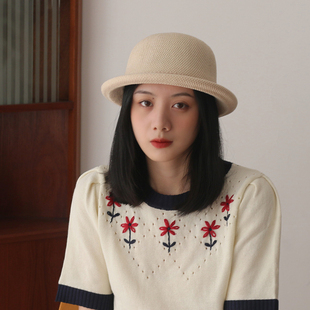 棉纱透气可爱甜美卷边盆帽夏季小礼帽圆顶渔夫帽子女韩版百搭帽子
