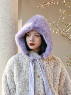 【关于紫】加绒厚实防风斗篷帽仿貂毛毛茸护耳护颈雷峰帽子女冬季