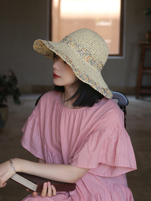 彩点点镂空编织大檐草帽女