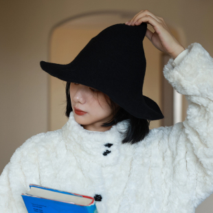 小众品味奇怪可爱羊毛呢尖顶女巫帽子女秋冬保暖宽檐盆帽渔夫帽女