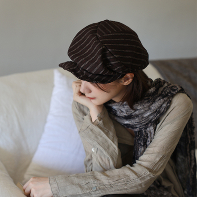 诗歌」复古毛呢条纹不规则八角帽子女秋冬小众报童帽不对称云朵帽