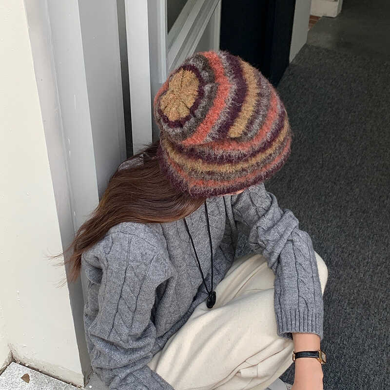 针织帽拉毛保暖护耳条纹百搭秋冬
