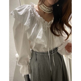 韩国chic秋季法式温柔风木耳边V领宽松休闲荷叶边系带长袖衬衫女