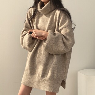 韩国chic秋季复古百搭高领套头宽松灯笼袖侧开叉中长款针织毛衣女