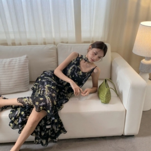 LYDF 时尚 气质v领碎花不规则下摆长裙韩版 吊带连衣裙女 88009法式