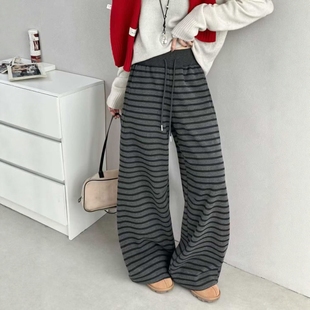 女冬加绒显瘦直筒拖地长裤 宽松休闲条纹阔腿裤 子2163 Yuan韩版 Day