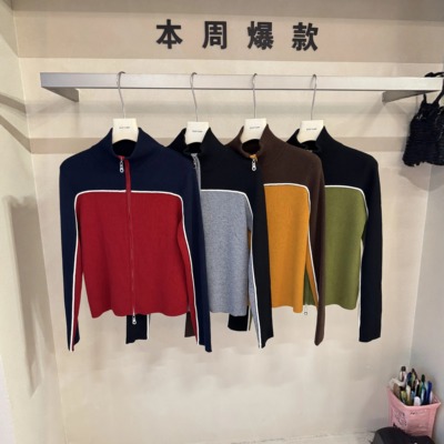 韩版时尚宽松小众绵羊毛拼色毛衣