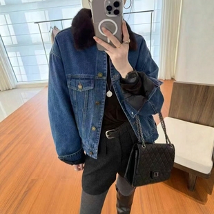 8090服饰B25898韩版 小众水貂毛领轻奢鹅绒牛仔外套女冬高货短外套