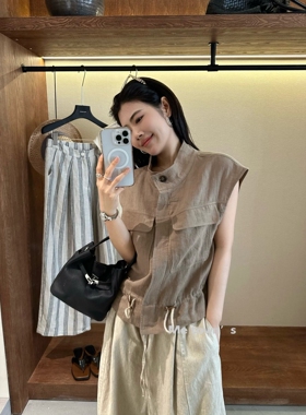 Me town's春夏时尚小众宽松显瘦松弛亚麻无袖短款衬衫马甲女S6733