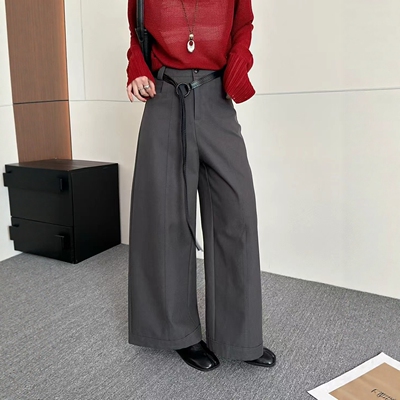 高腰配腰带宽松休闲直筒裤女