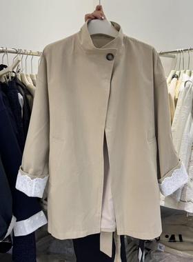 欧货大衣2025春新款蕾丝里衬翻袖立领系带中长款风衣外套女58255