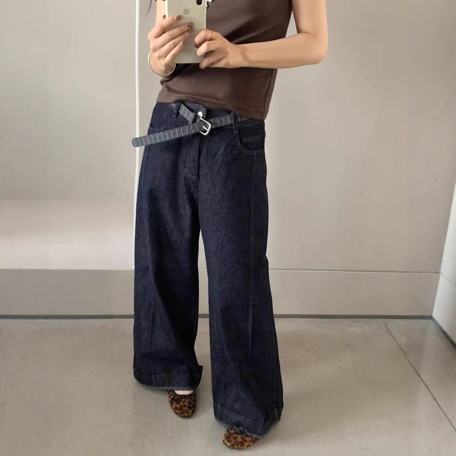 TOP小众磨毛牛仔阔腿裤女直筒裤