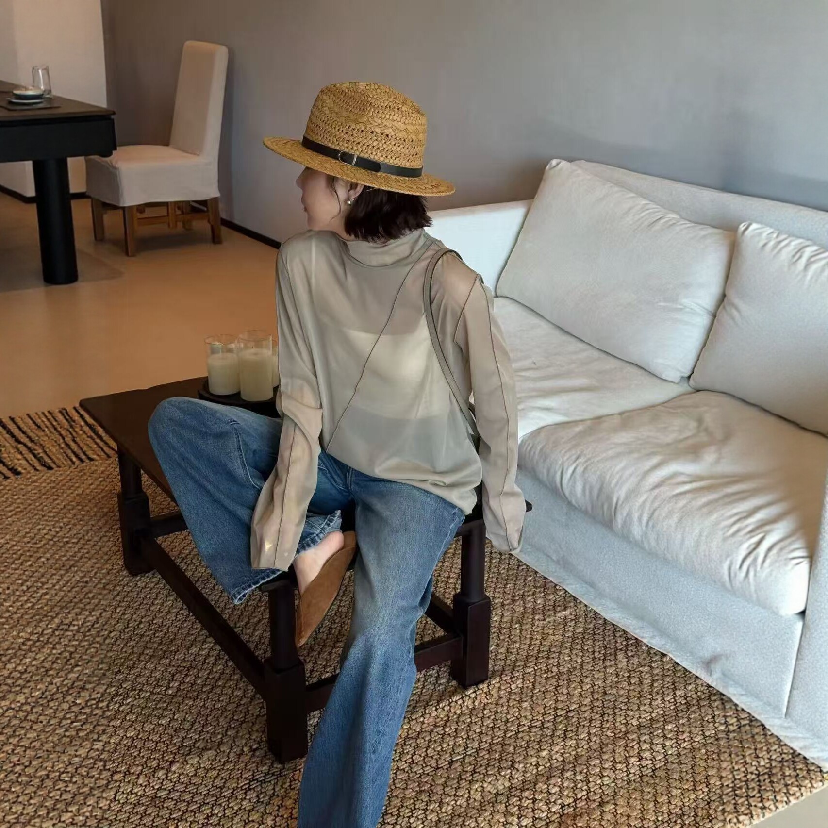 我的女孩26920韩系简约百搭半高领长袖网纱T恤女秋修身显瘦打底衫