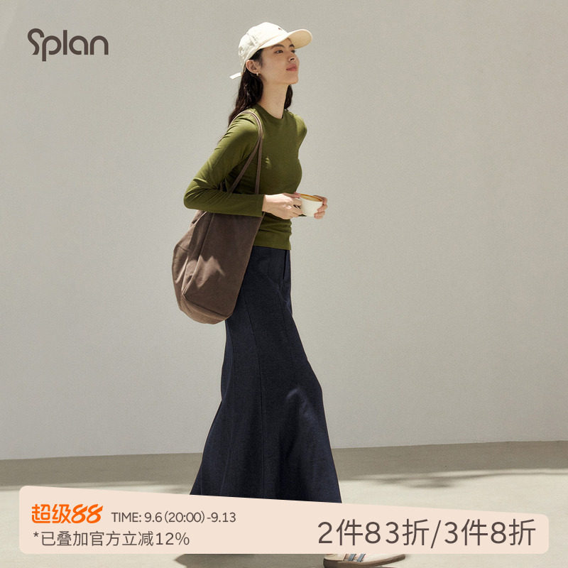 SPLAN轻运动圆领打底衫柔软舒适休闲百搭简约纯色长袖上衣T恤女