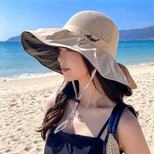 日本遮阳黑胶沙滩帽女夏镂空紫外线大檐遮脸防晒太阳渔夫帽子休闲