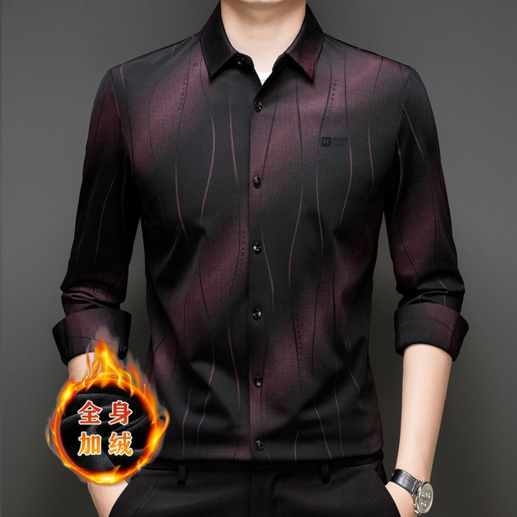 2026冬季男士保暖内衣衬衣新款加绒加厚时尚印花无痕长袖衬衫男装