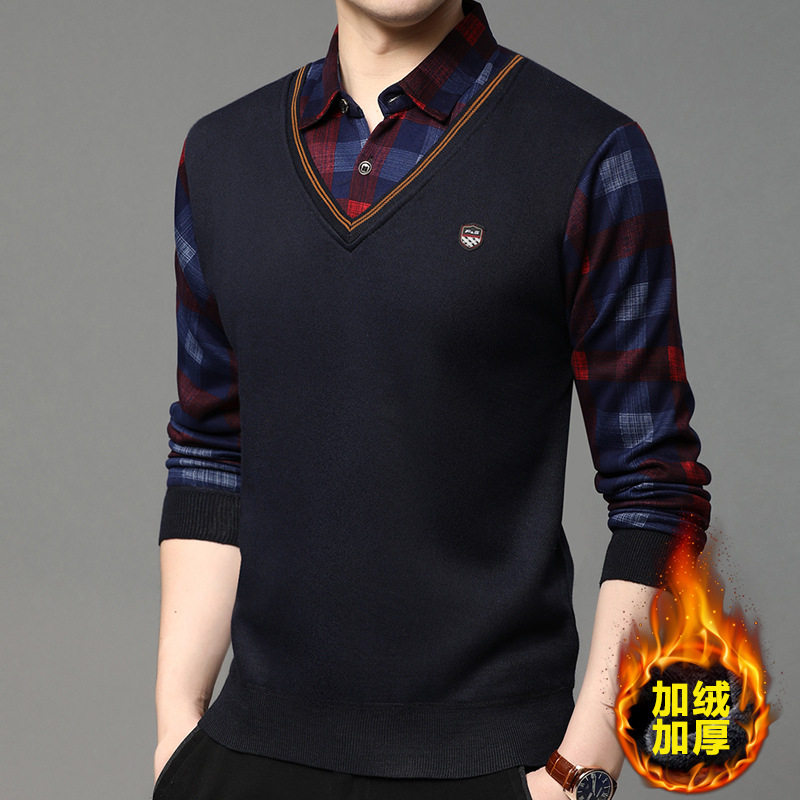 新款假两件毛衣男保暖内衣加绒加厚打底衫冬季中青年衬衫领针织衫
