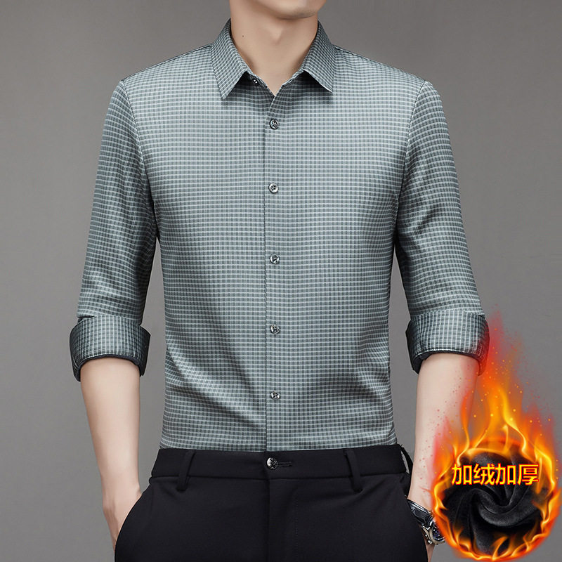 高品质加绒加厚长袖衬衫男士保暖内衣中年爸爸装休闲保暖格子衬衣