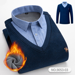 冬季加绒加厚保暖衬衫男士保暖内衣假两件商务休闲宽松针织中青年