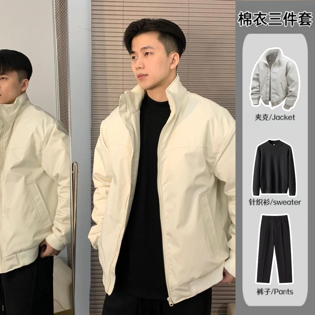 美式短款飞行夹克棉服套装男士冬季痞帅立领棉衣外套男装搭配一套
