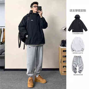 日系复古冬季加厚棉服男款套装连帽潮牌棉衣外套保暖棉袄搭配一套