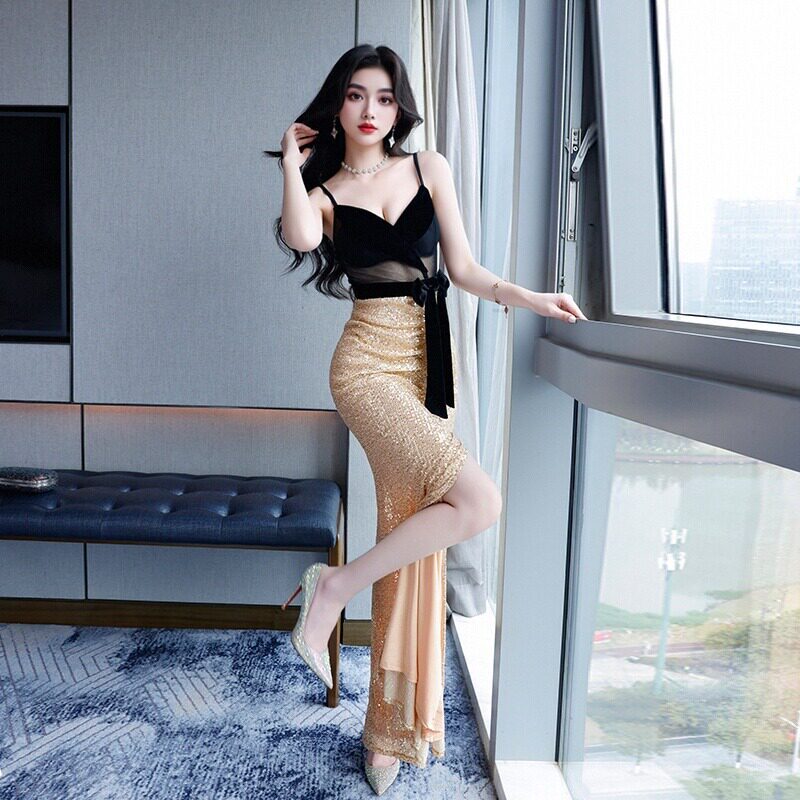2026欧美风撞色亮片礼服裙修身鱼尾无袖晚宴长裙女跨境爆款批发