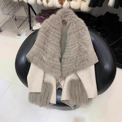 新款狐狸毛皮草外套真毛高级斗篷大毛领网红拼接女士皮草外套