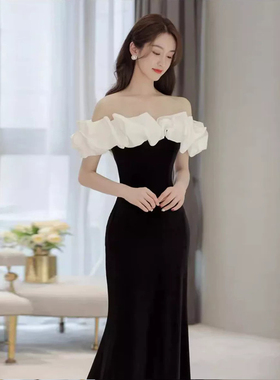 黑色晚礼服一字肩轻奢小众高端气质显瘦名媛主持人鱼尾连衣裙法式
