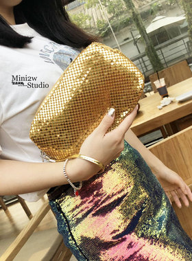 时尚外贸单黑色亮片长款型手拿晚宴包手拿铝片包可拆卸手拎单手包