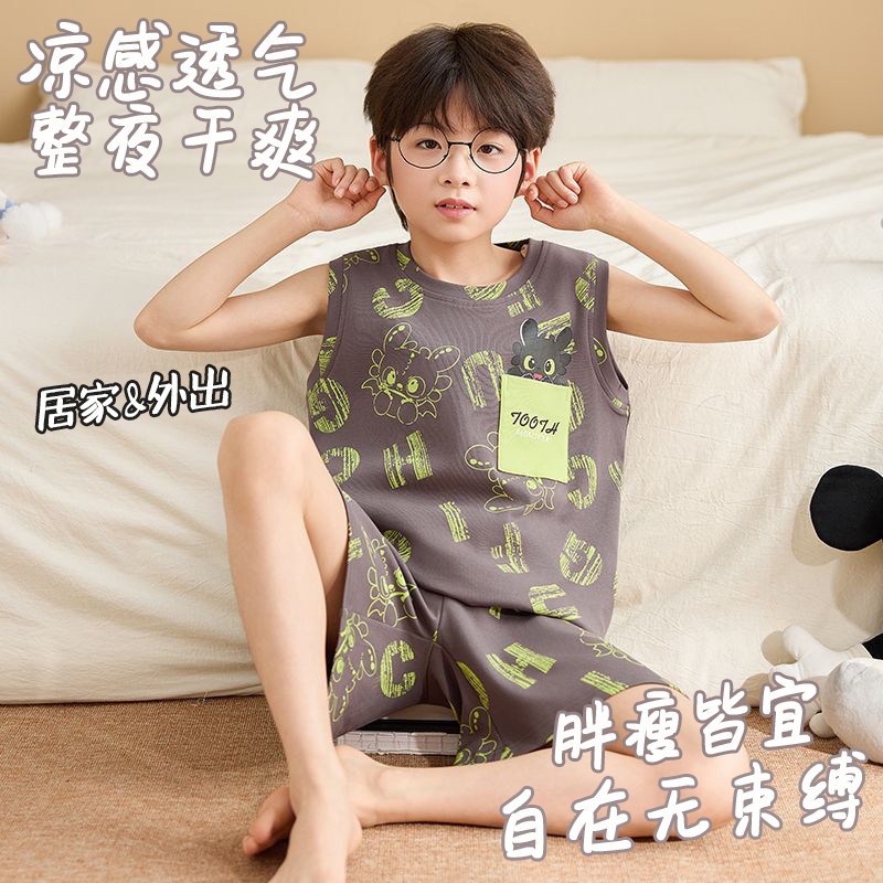 夏季纯棉无袖卡通家居服男童背心套装薄款大码可外穿