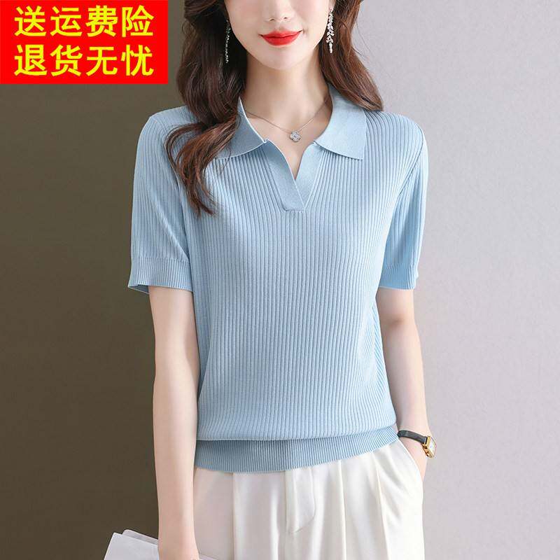 夏季polo针织衫女薄款冰丝短袖t恤中年妈妈夏装洋气翻领年轻上衣