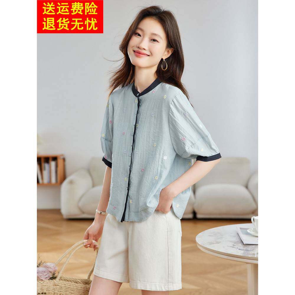 时尚休闲短袖衬衫女夏季宽松显瘦设计感小众刺绣上衣纯棉衬衣