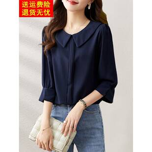 套头衫 西式 宽松藏肉上 小众减龄娃娃领t恤四分之三袖 2023早秋新品