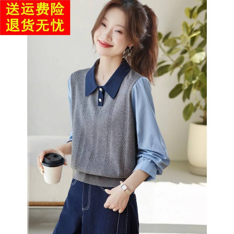 2025秋季新款小个子减龄拼色翻领假两件T恤短款宽松拼接上衣女装