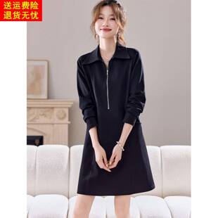 半拉链翻领气质连衣裙女2026春季新款休闲宽松a字显瘦黑色t恤裙子