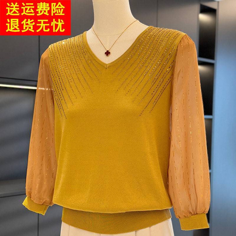 时尚七分袖雪纺针织衫女妈妈装秋装新款上衣气质百搭中老年打底衫