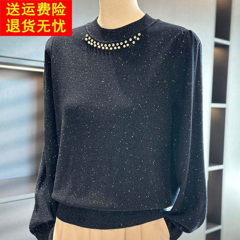 时尚洋气妈妈装亮丝针织衫女套头春装新款气质上衣百搭中年打底衫