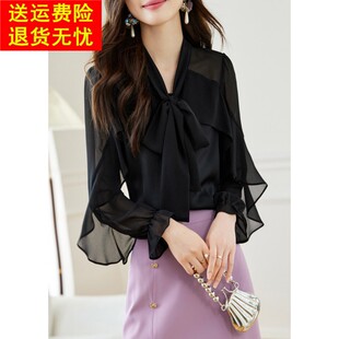 2026春季新款飘逸蝴蝶结黑色雪纺衬衫气质上衣高级V领薄款衬衣女