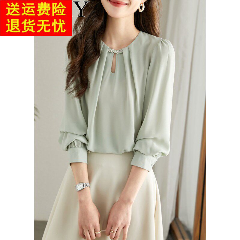 2025秋季新款时尚减龄长袖套头雪纺上衣气质百搭钉珠设计感衬衫女